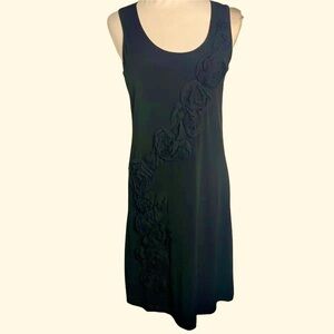 Vintage Calvin Klein Sleeveless Midi Dress 10 Black Rosettes Round Neck Stretch